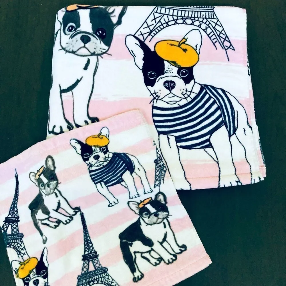 Pink Frenchie Dog Paris Eiffel Tower Cotton Bath Towel Set
